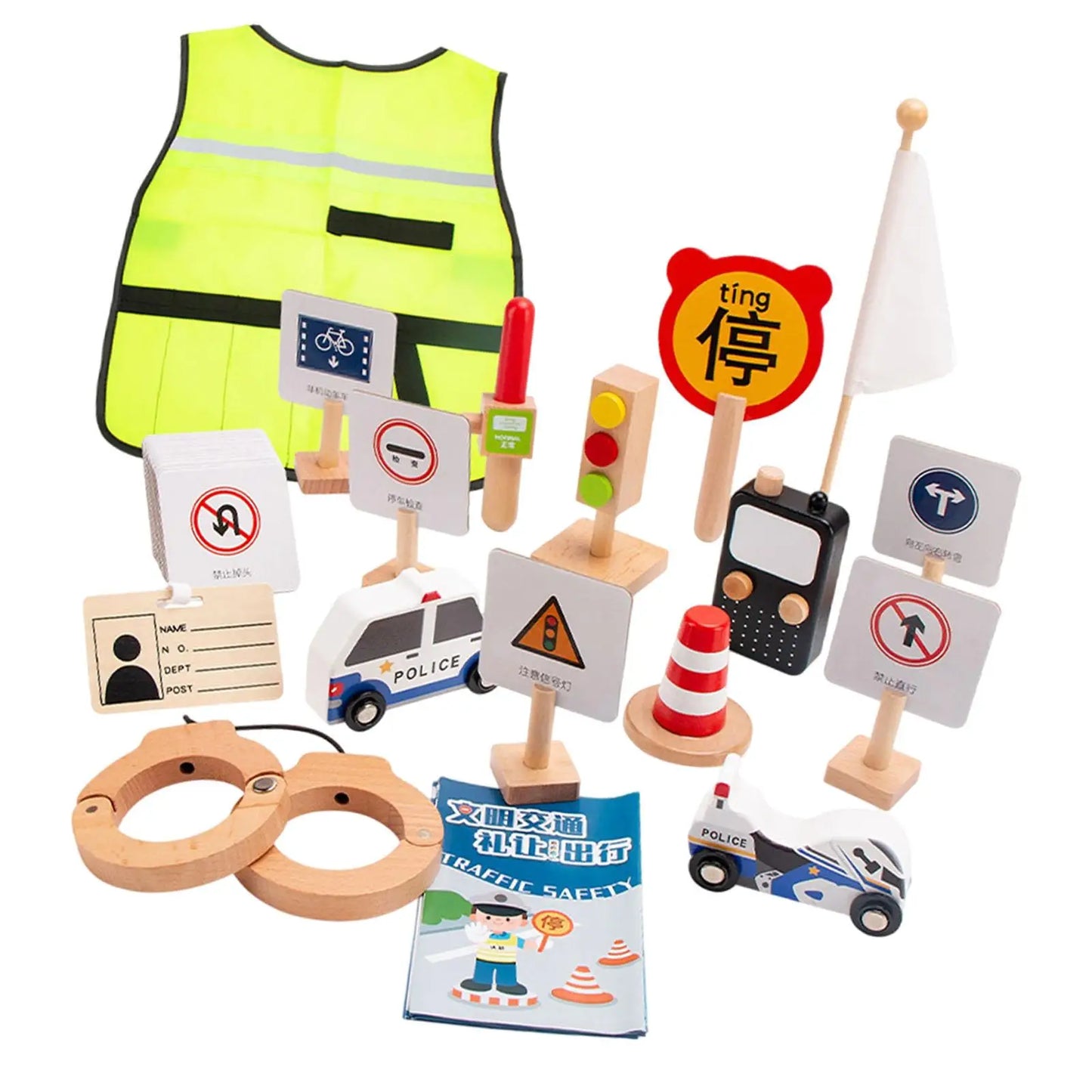 Wooden Road Construction Traffic Sign Set with Uniform Fancy Dress up Teaching Aids Learning Toy Costume for Classroom Party Toy