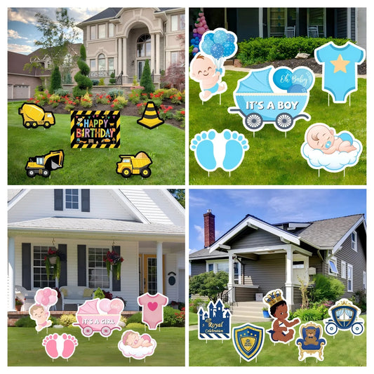 Happy Birthday Party Yard Sign Royal Prince Game Construction Rugby Girl Boy Garden Decoration Gender Reveal Camping Supplies