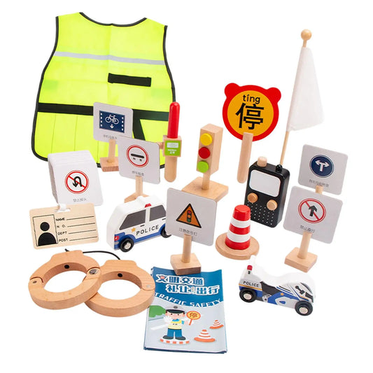 Wooden Road Construction Traffic Sign Set with Uniform Fancy Dress up Teaching Aids Learning Toy Costume for Classroom Party Toy